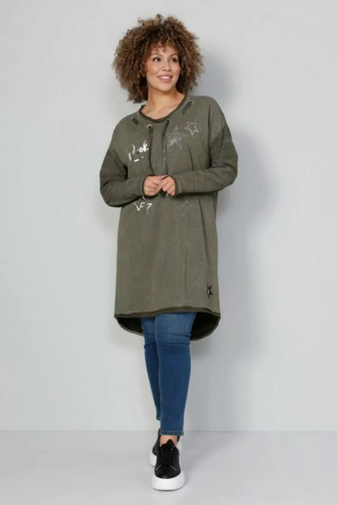 MIAMODA Sweatshirt Long-Sweater RockStar Print Rundhals mit Bindeband günstig online kaufen