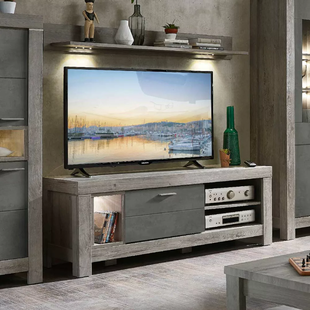 TV Unterschrank in Beton Grau und Eiche dunkel 150 cm breit günstig online kaufen