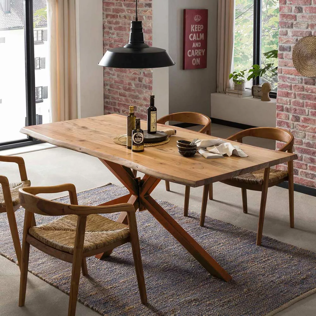 Baumkanten Tisch aus Akazie Massivholz Spider Gestell günstig online kaufen
