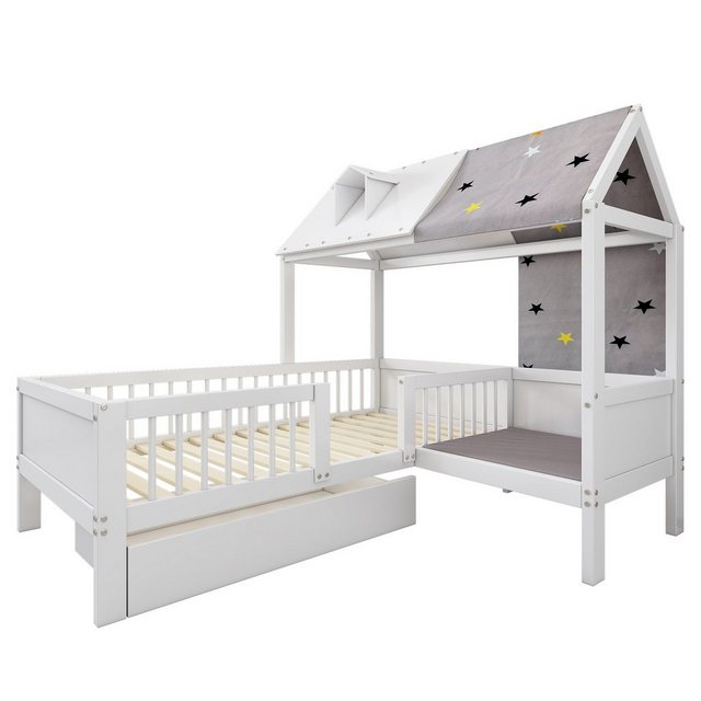 OKWISH Kinderbett aus massivem Kiefernholz (Hausbett mit Stauraum), L-Struk günstig online kaufen