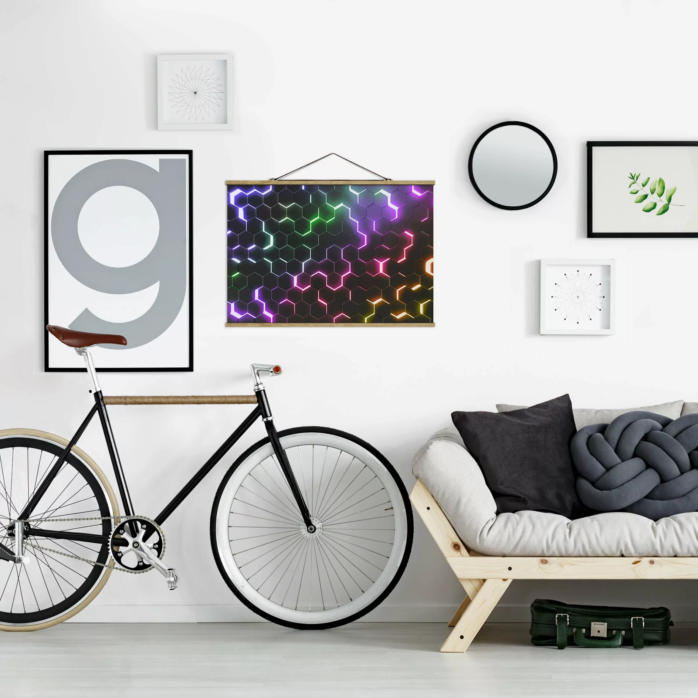 Stoffbild mit Posterleisten Strukturierte Hexagone mit Neonlicht günstig online kaufen