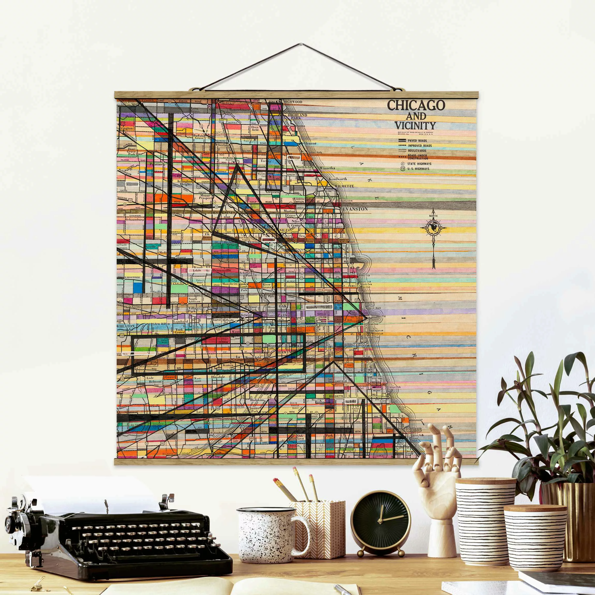 Stoffbild Karten mit Posterleisten - Quadrat Moderne Karte von Chicago günstig online kaufen