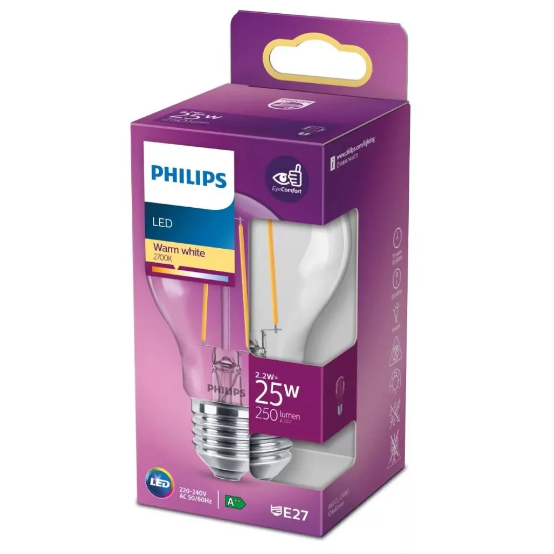 Philips LED Filament Lampe ersetzt 25W E27 Birne - A60 2,2W 250lm 2700K Ein günstig online kaufen