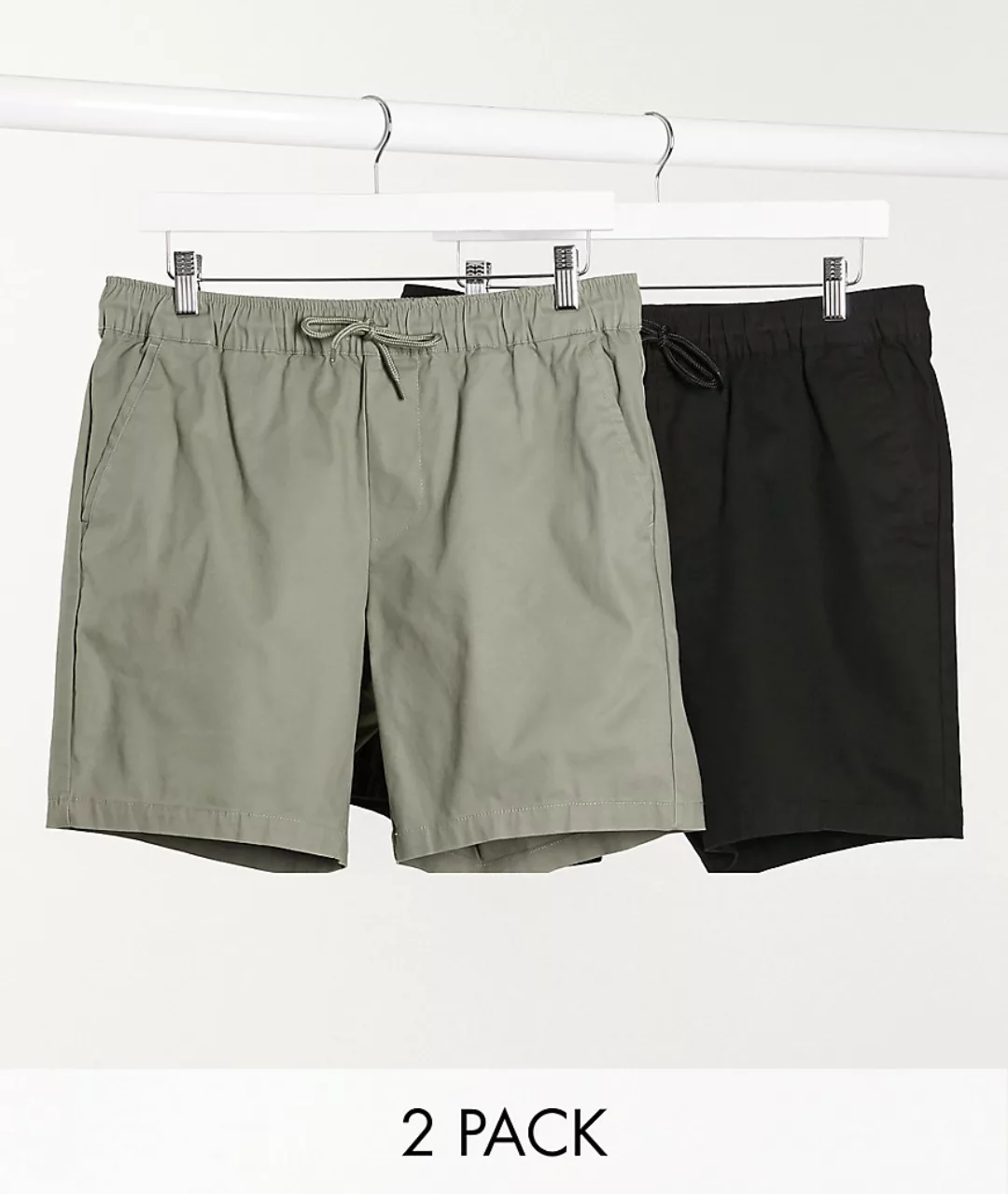 ASOS DESIGN – 2er-Set schmale Chino-Shorts in Khaki und Schwarz, Rabatt-Meh günstig online kaufen