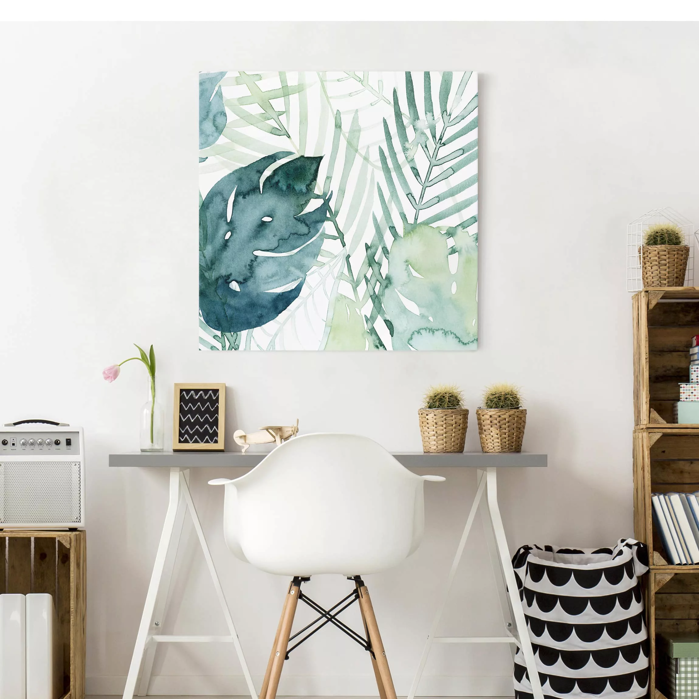 Leinwandbild Botanik - Quadrat Palmwedel in Wasserfarbe I günstig online kaufen