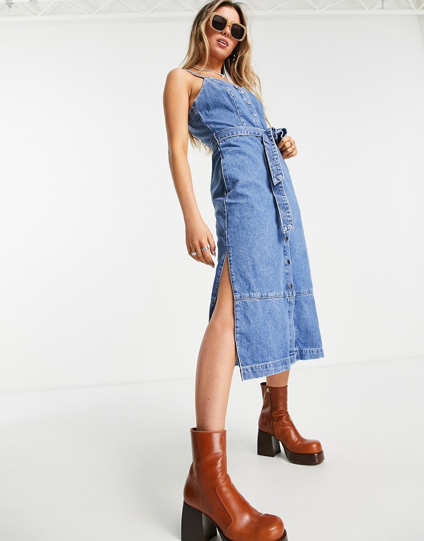 Topshop – Midi-Jeanskleid in Mittelblau mit Druckknopfleiste günstig online kaufen