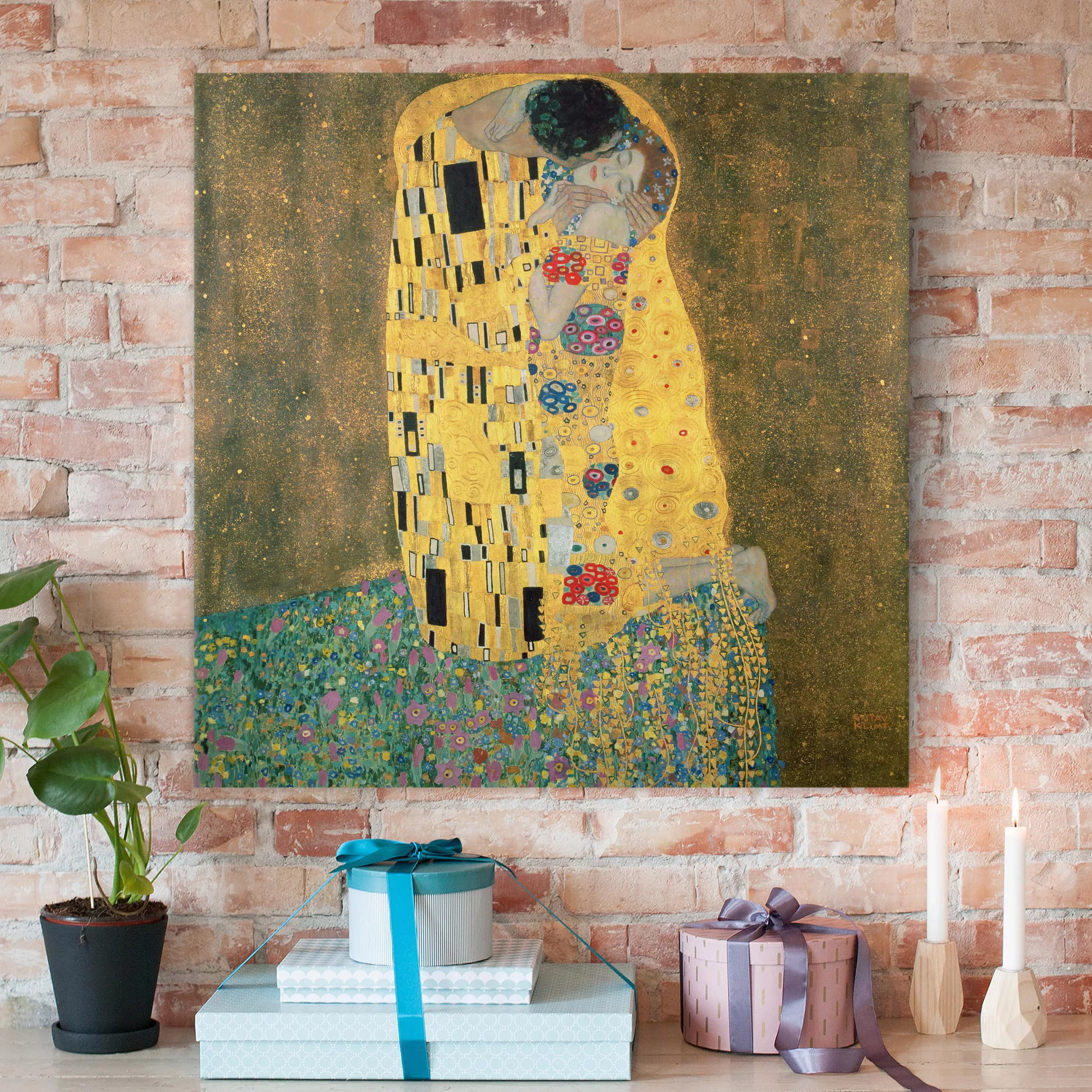 Leinwandbild Kunstdruck - Quadrat Gustav Klimt - Der Kuß günstig online kaufen