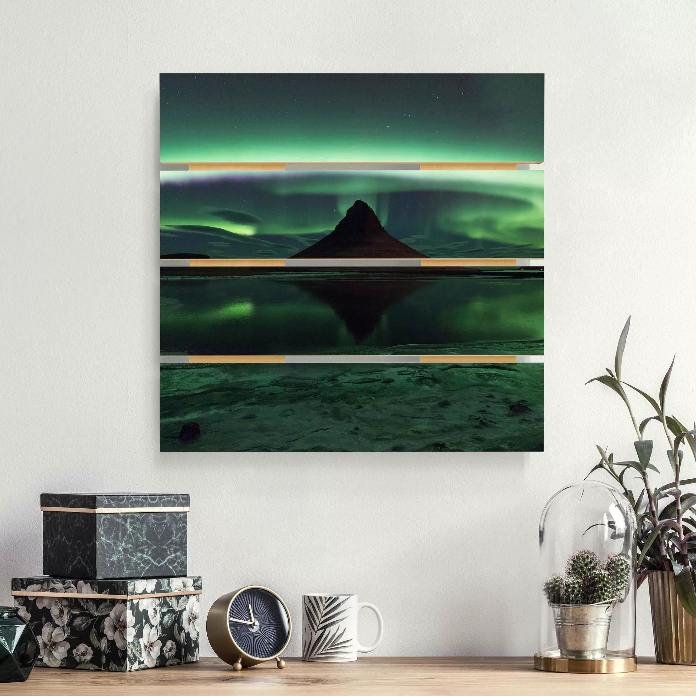 Holzbild Plankenoptik Natur & Landschaft - Quadrat Polarlicht in Island günstig online kaufen