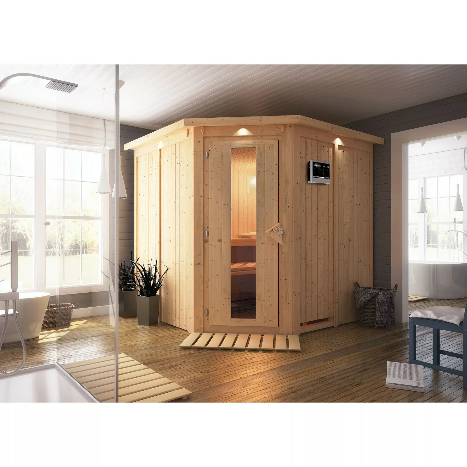Karibu Sauna Jorma mit Ofen m. mit Ofen externe Stg.LED-Dachkranz Natur günstig online kaufen