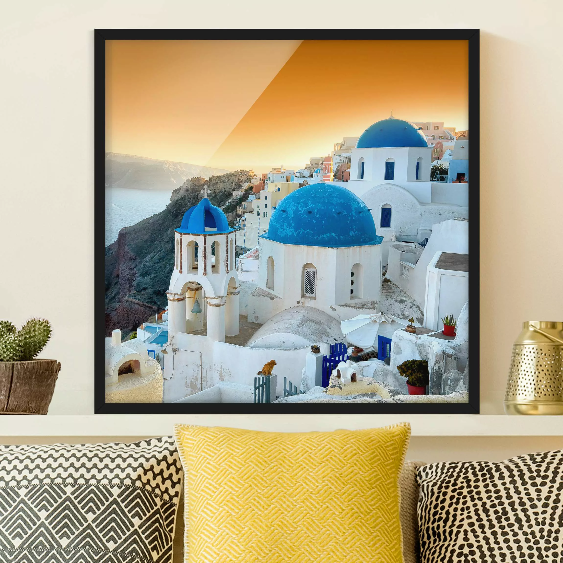 Bild mit Rahmen Architektur & Skyline - Quadrat Sonnenuntergang über Santor günstig online kaufen