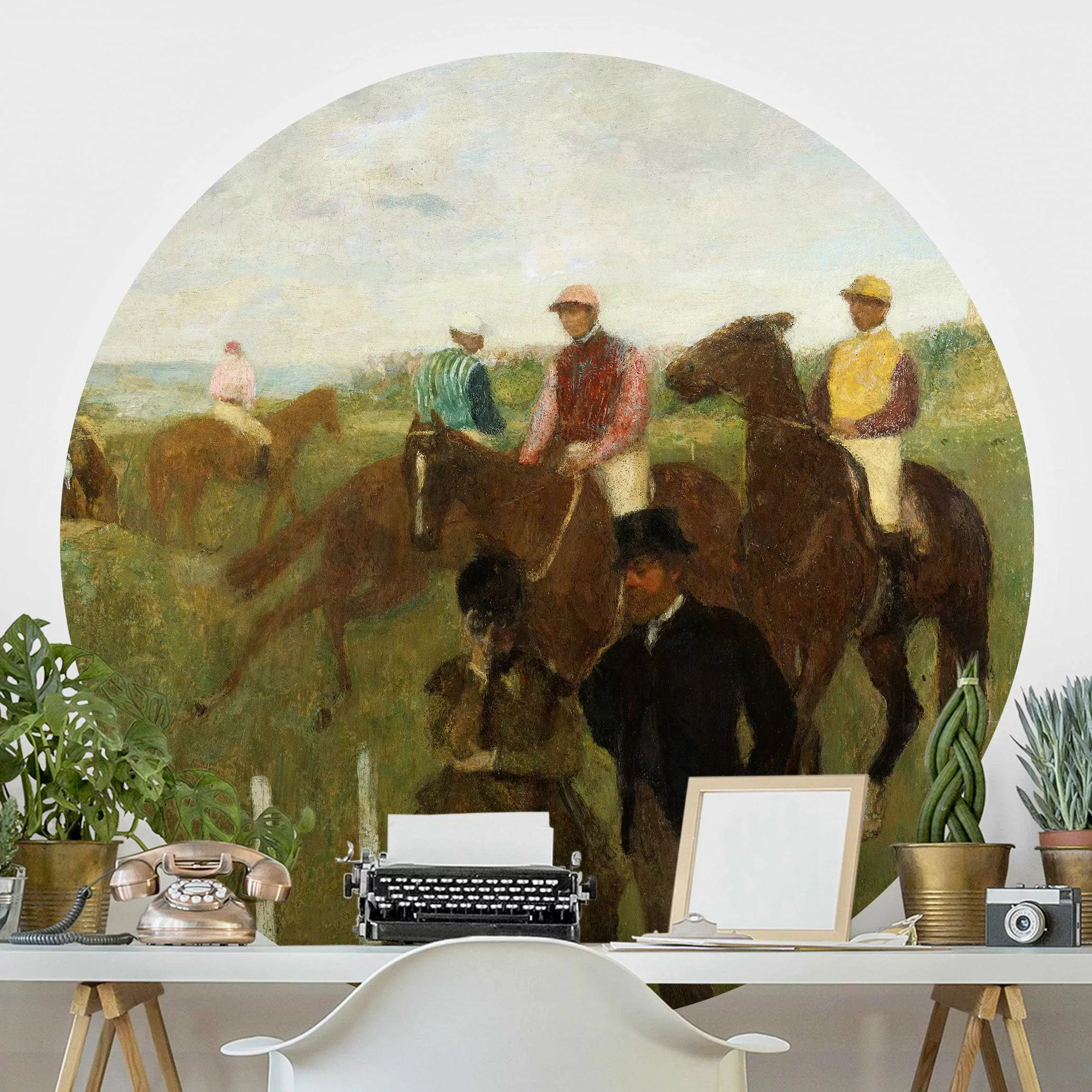Runde Fototapete selbstklebend Edgar Degas - Jockeys auf Rennbahn günstig online kaufen