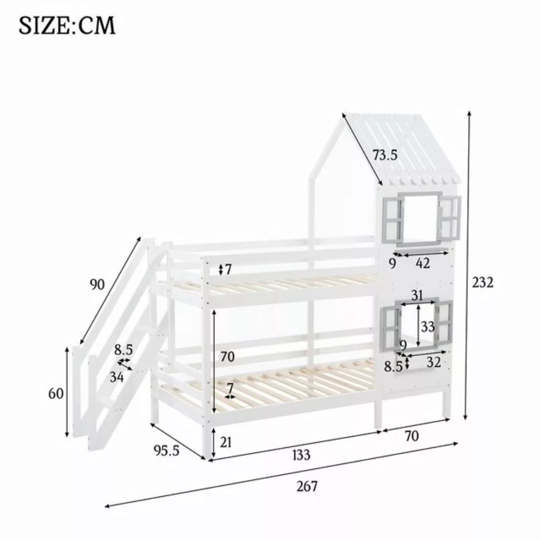 Flieks Etagenbett, Hausbett mit Fallschutz Leiter Kinderbett Kiefer 90x200c günstig online kaufen