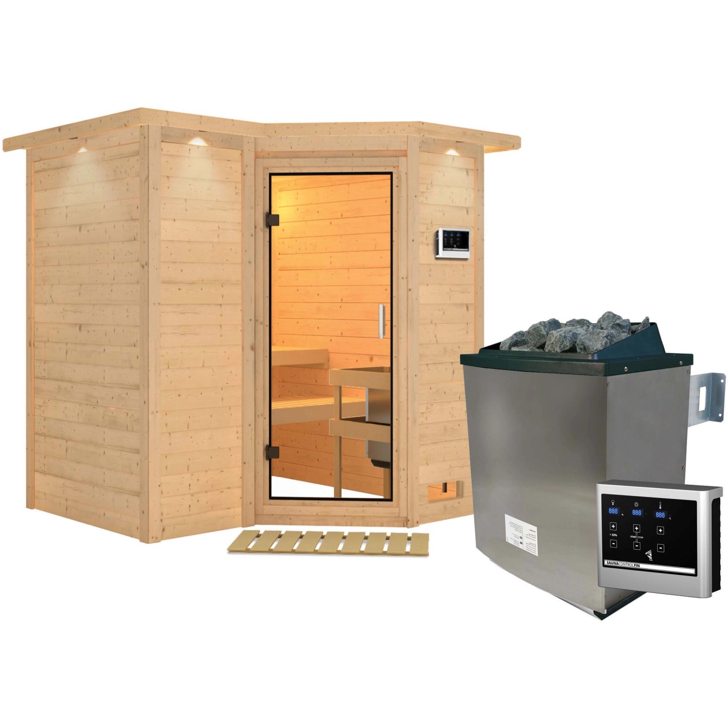 Woodfeeling Sauna Steena 1, Ofen, externe Steuerung Easy, Glastür, LED-Dach günstig online kaufen