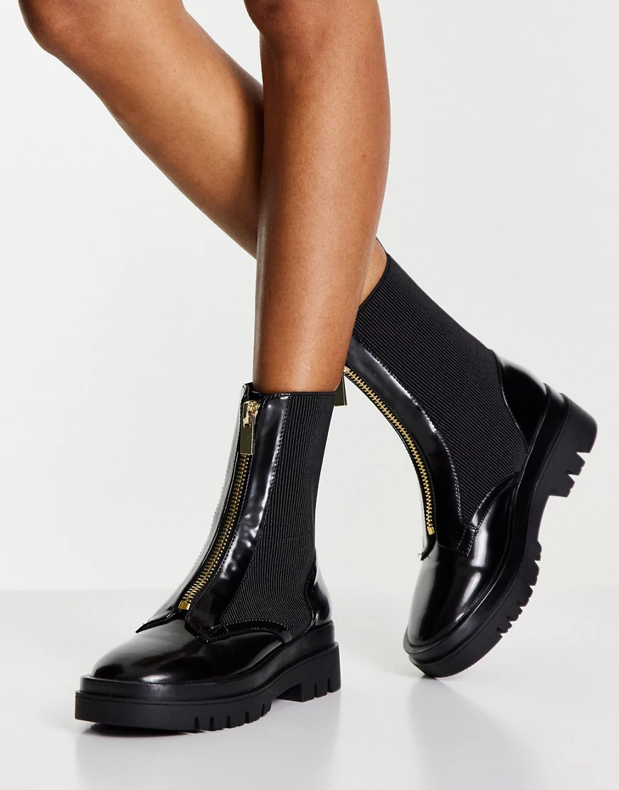 Miss Selfridge – Army-Stiefel mit Reißverschluss in Black Box-Schwarz günstig online kaufen
