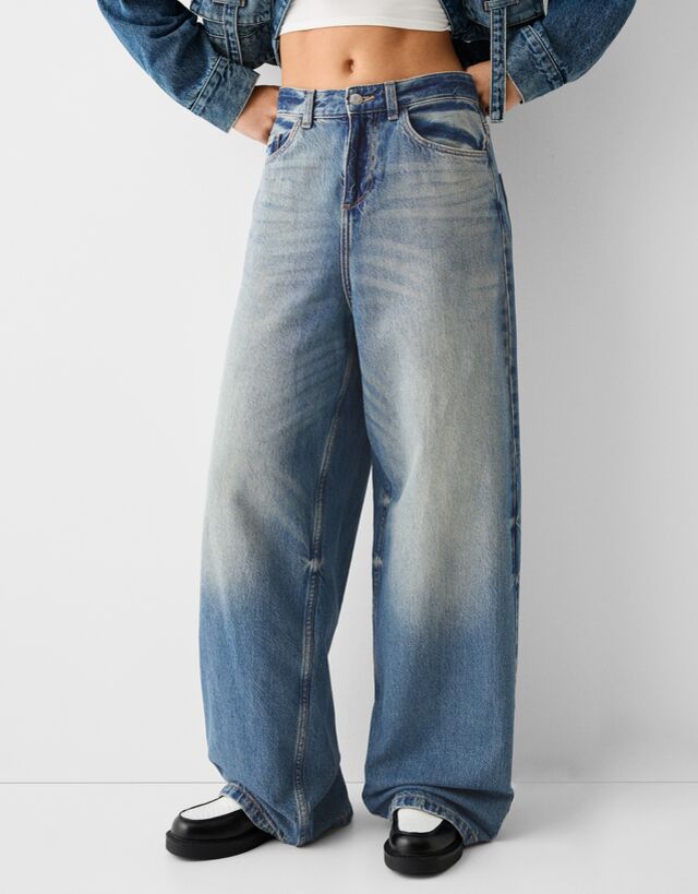 Bershka Super-Baggy-Jeans Damen 42 Ausgewaschenes Blau günstig online kaufen