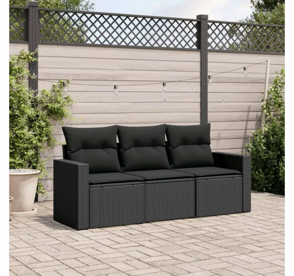 vidaXL Loungesofa 3-tlg. Garten-Sofagarnitur mit Kissen Schwarz Poly Rattan günstig online kaufen