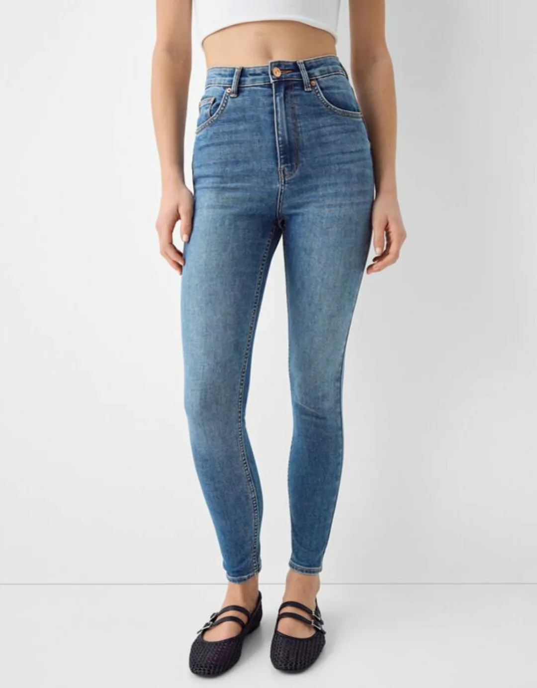Bershka Skinny-Jeans Mit Sehr Hohem Bund Damen 42 Ausgewaschenes Blau günstig online kaufen