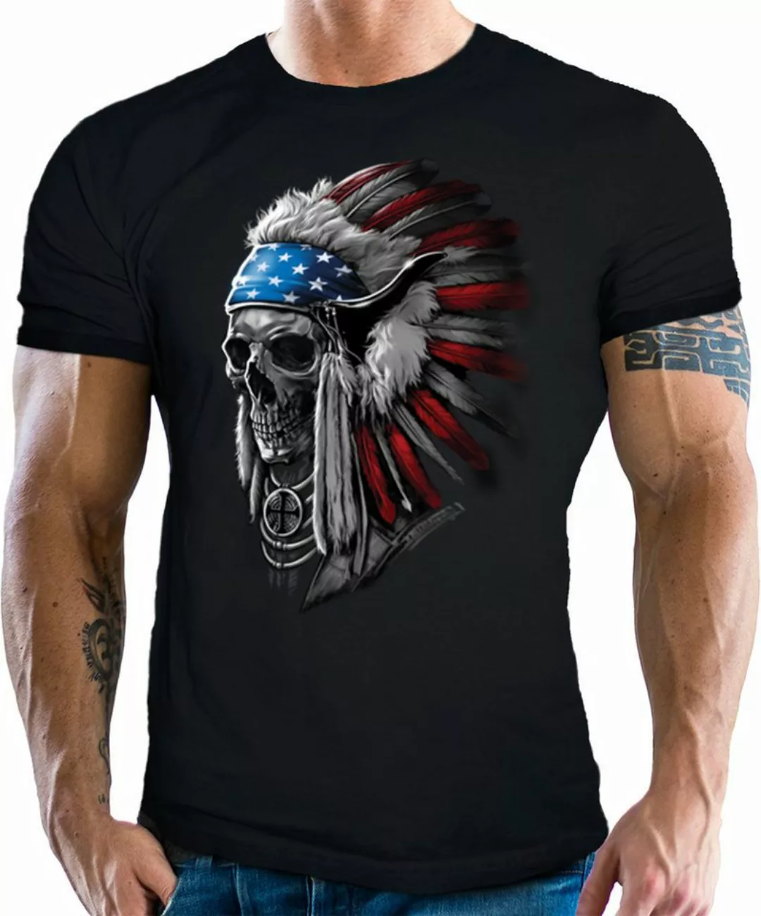 LOBO NEGRO® T-Shirt für Western Fans: Indian Chief USA Flag günstig online kaufen