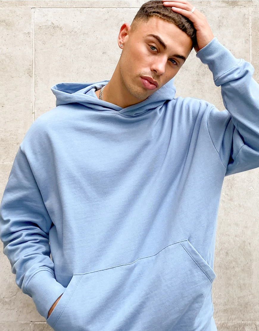 ASOS DESIGN – Schwerer Oversize-Kapuzenpullover aus Bio-Baumwolle in Blau, günstig online kaufen