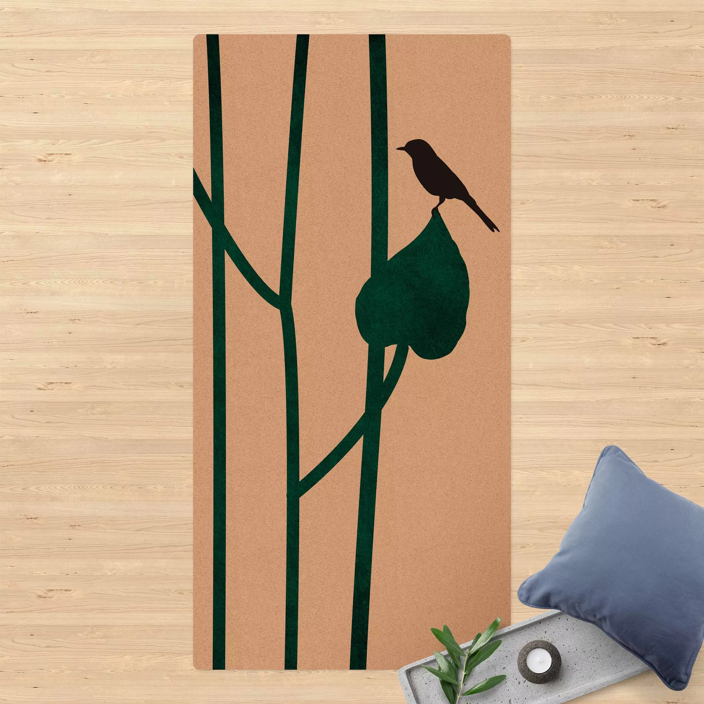 Kork-Teppich Grafische Pflanzenwelt - Vogel auf Blatt günstig online kaufen