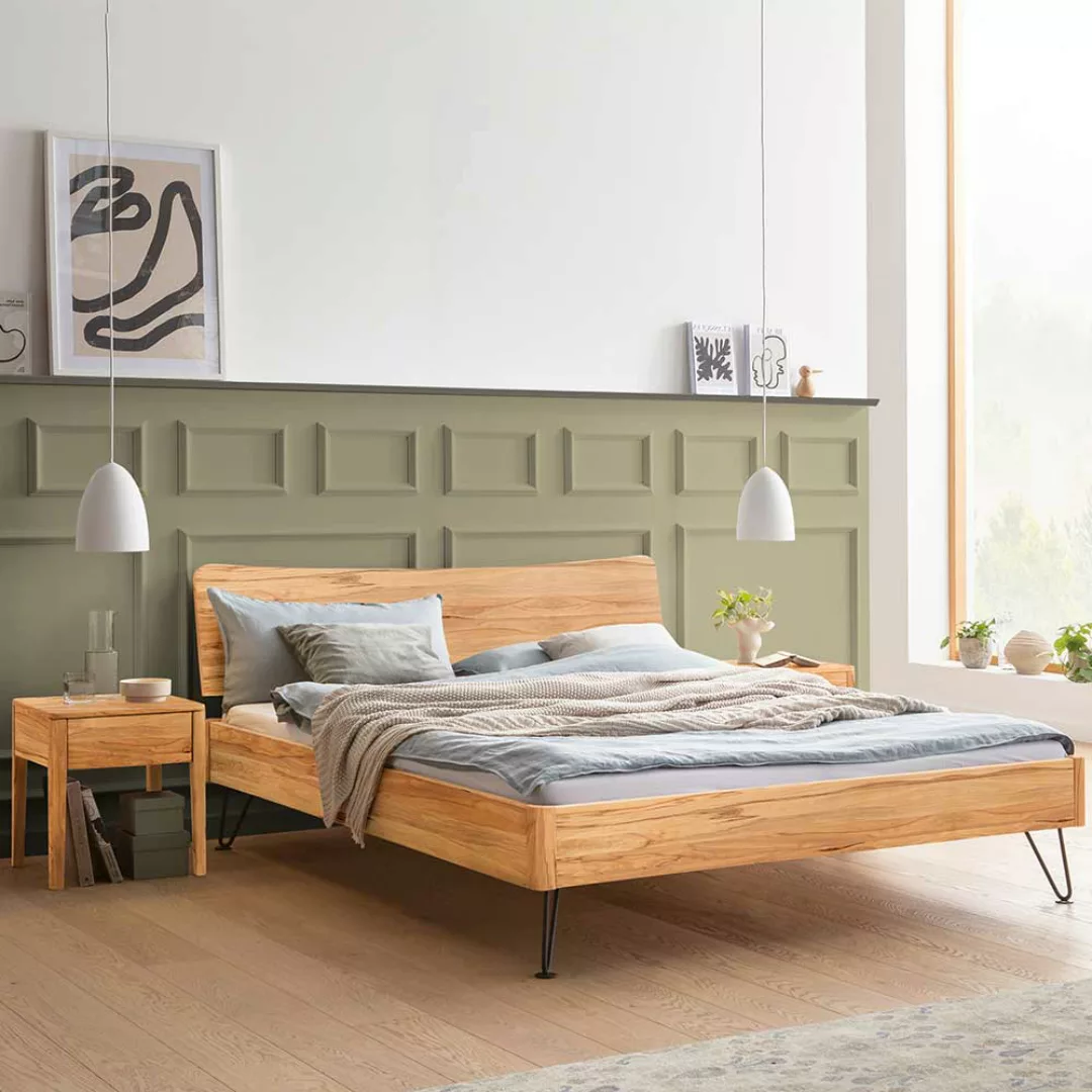 Massivholz Bett 140x200 Wildbuche in modernem Design Vierfußgestell aus Met günstig online kaufen