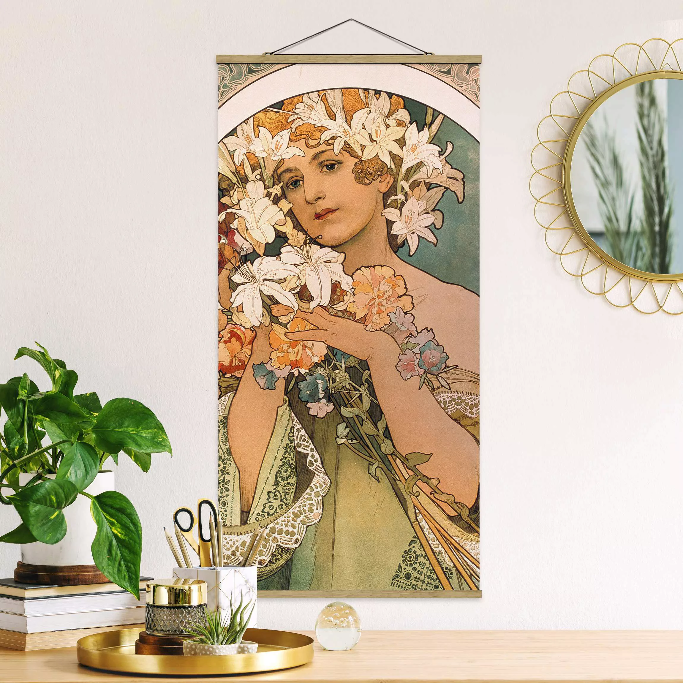 Stoffbild Blumen mit Posterleisten - Hochformat Alfons Mucha - Blume günstig online kaufen