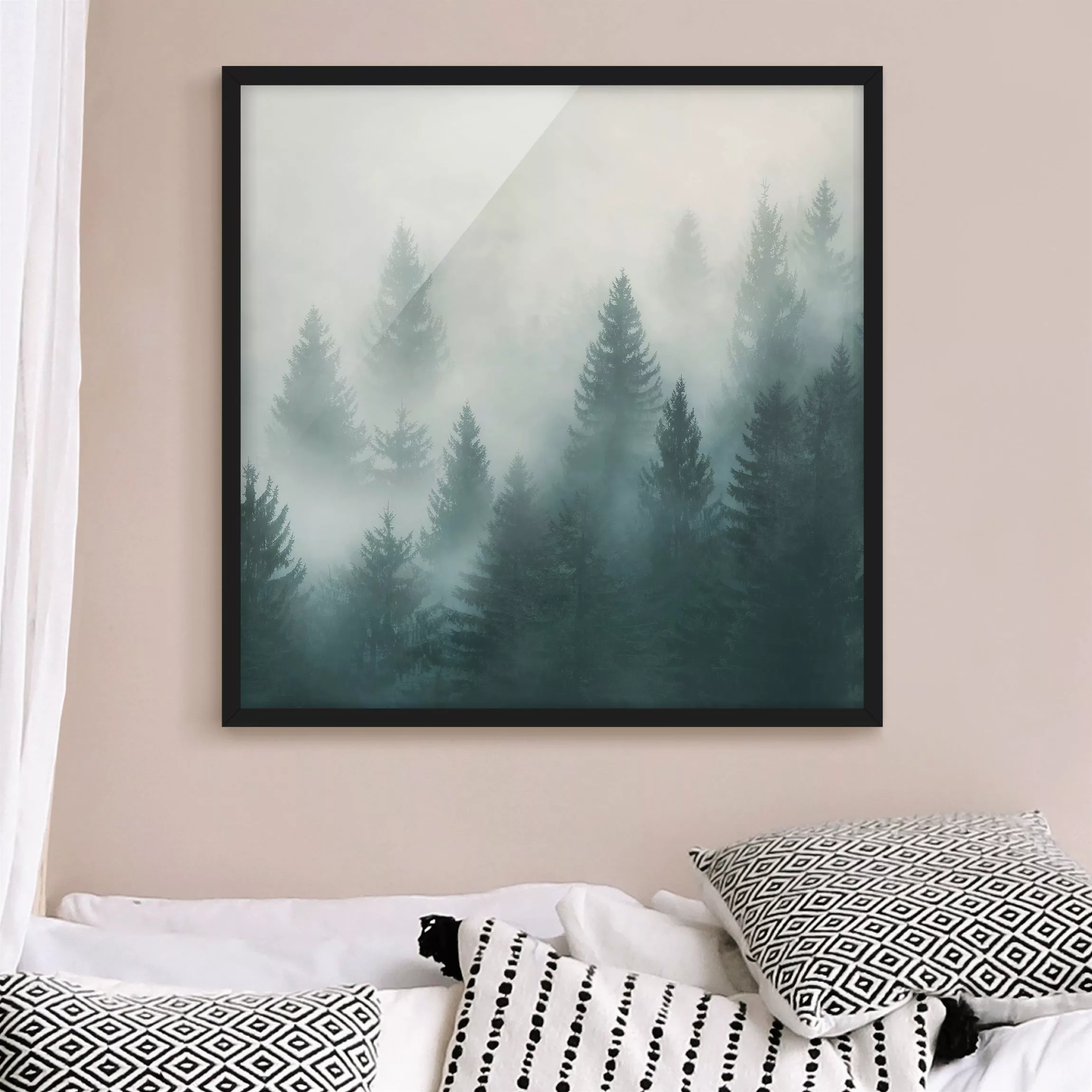 Bild mit Rahmen Natur & Landschaft - Quadrat Nadelwald im Nebel günstig online kaufen