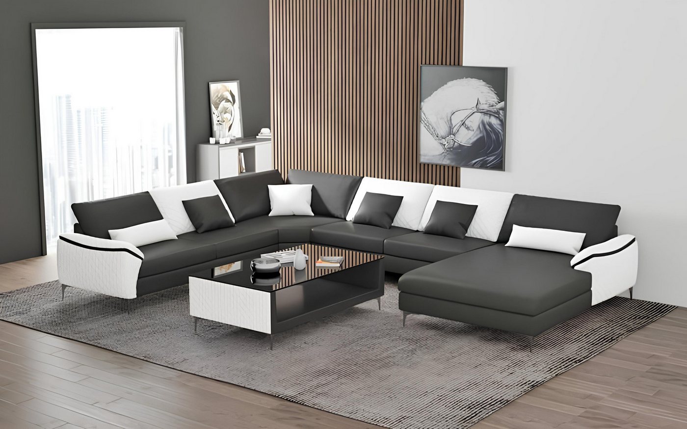 Xlmoebel Ecksofa Neue großes schwarzes Ledersofa in U-Form mit Couchen für günstig online kaufen