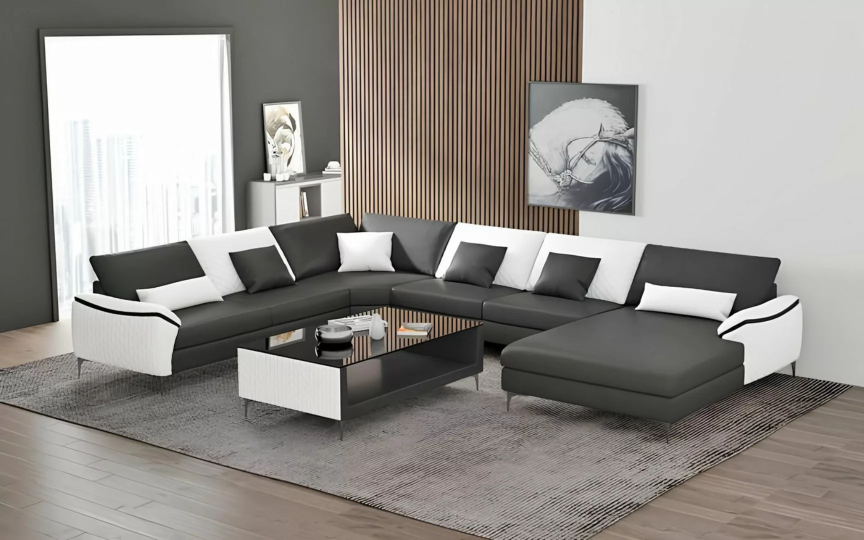 Xlmoebel Ecksofa Neue großes schwarzes Ledersofa in U-Form mit Couchen für günstig online kaufen