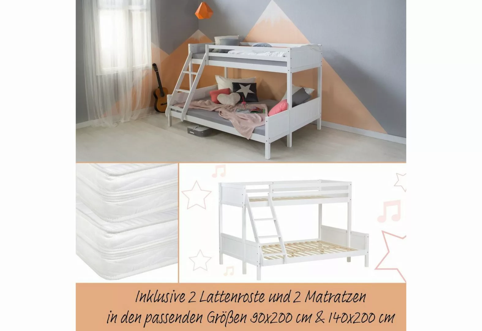 Homestyle4u Etagenbett Kinderbett 90x200 und 140x200 2 Matratzen Weiß oder günstig online kaufen