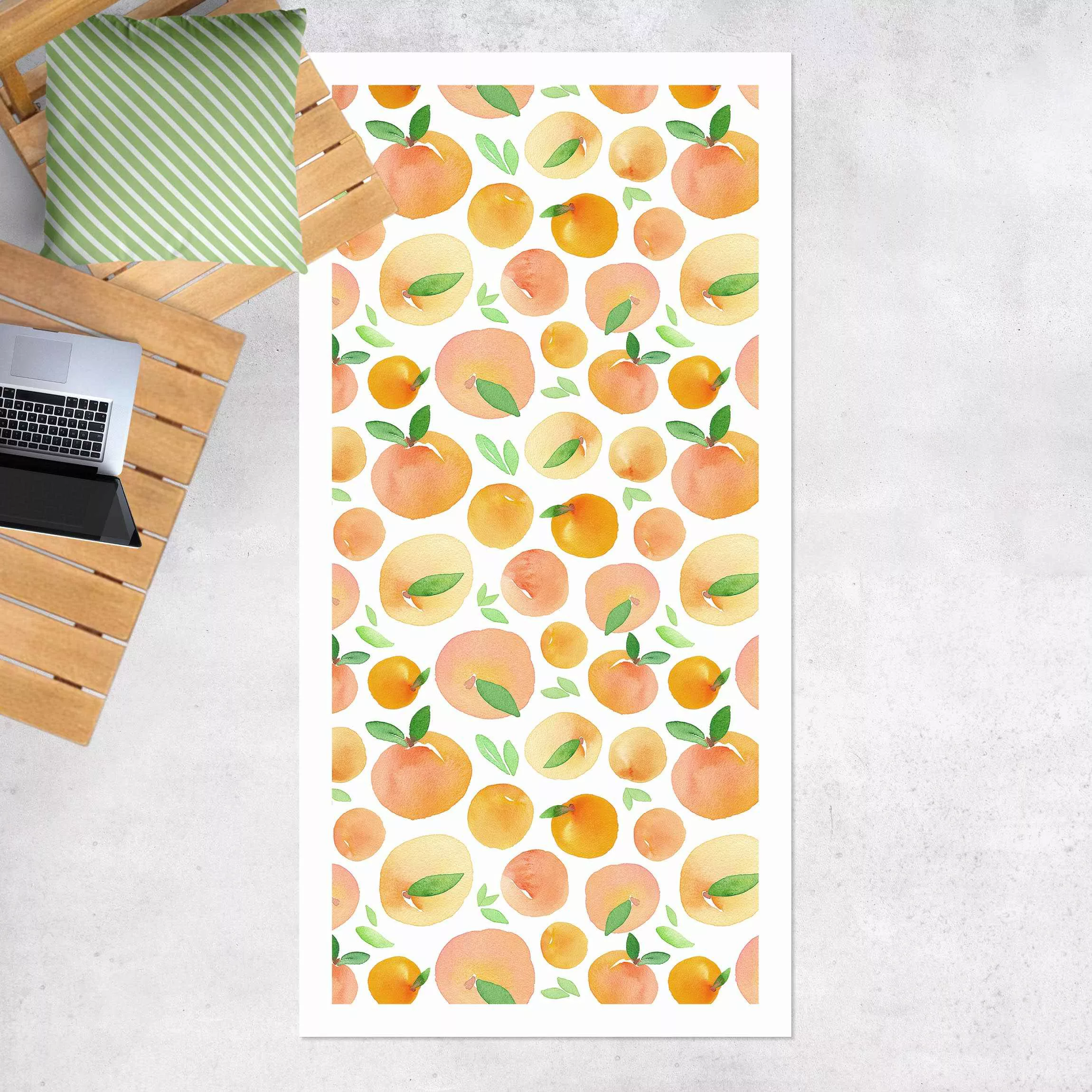 Vinyl-Teppich Aquarell Orangen mit Blättern in weißem Rahmen günstig online kaufen