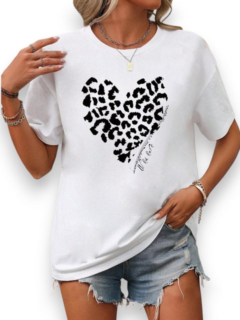 PYL Kurzarmbluse Damen Sommer Kurzarmbluse Locker Leopardenherz Print-Shirt günstig online kaufen