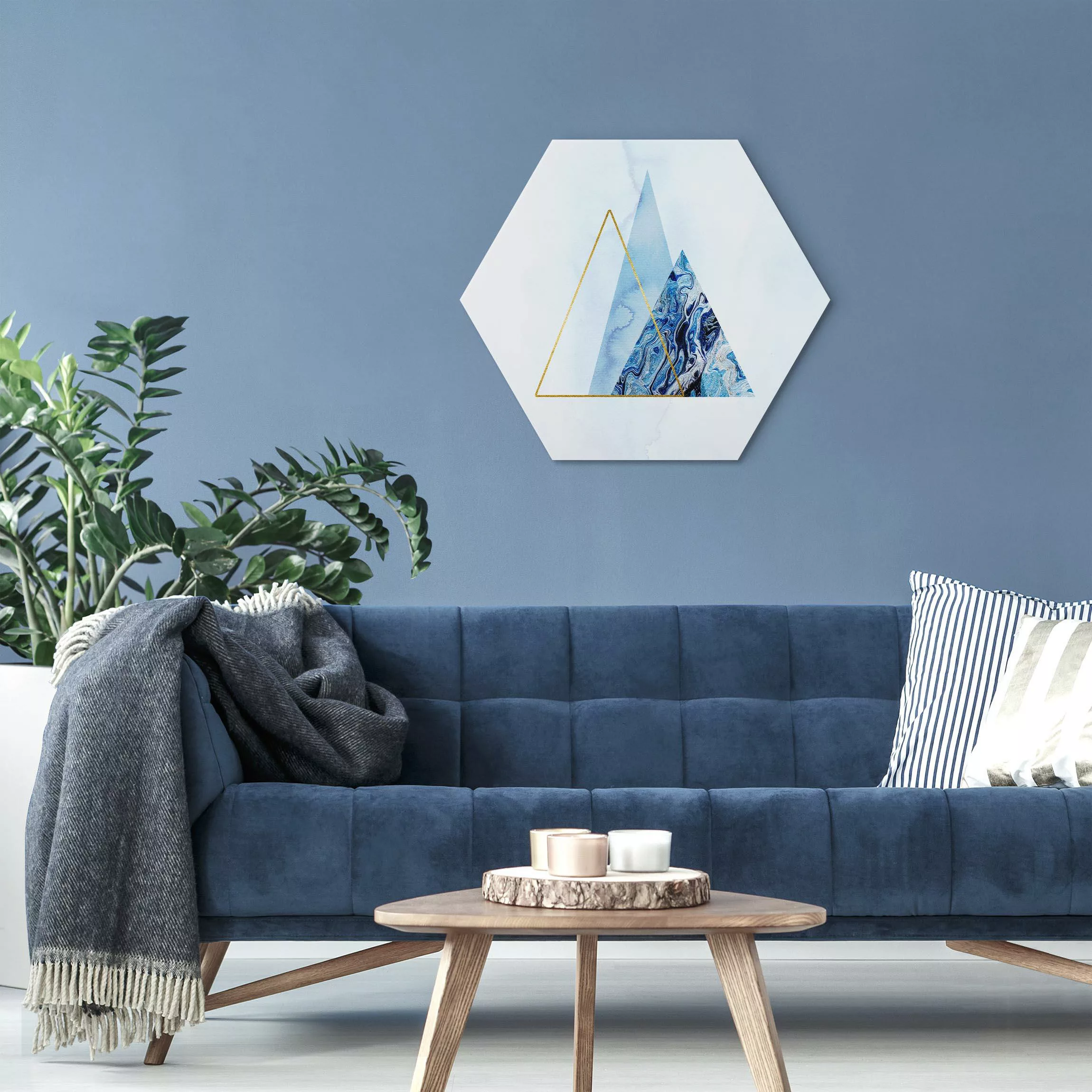 Hexagon-Alu-Dibond Bild Geometrie in Blau und Gold II günstig online kaufen
