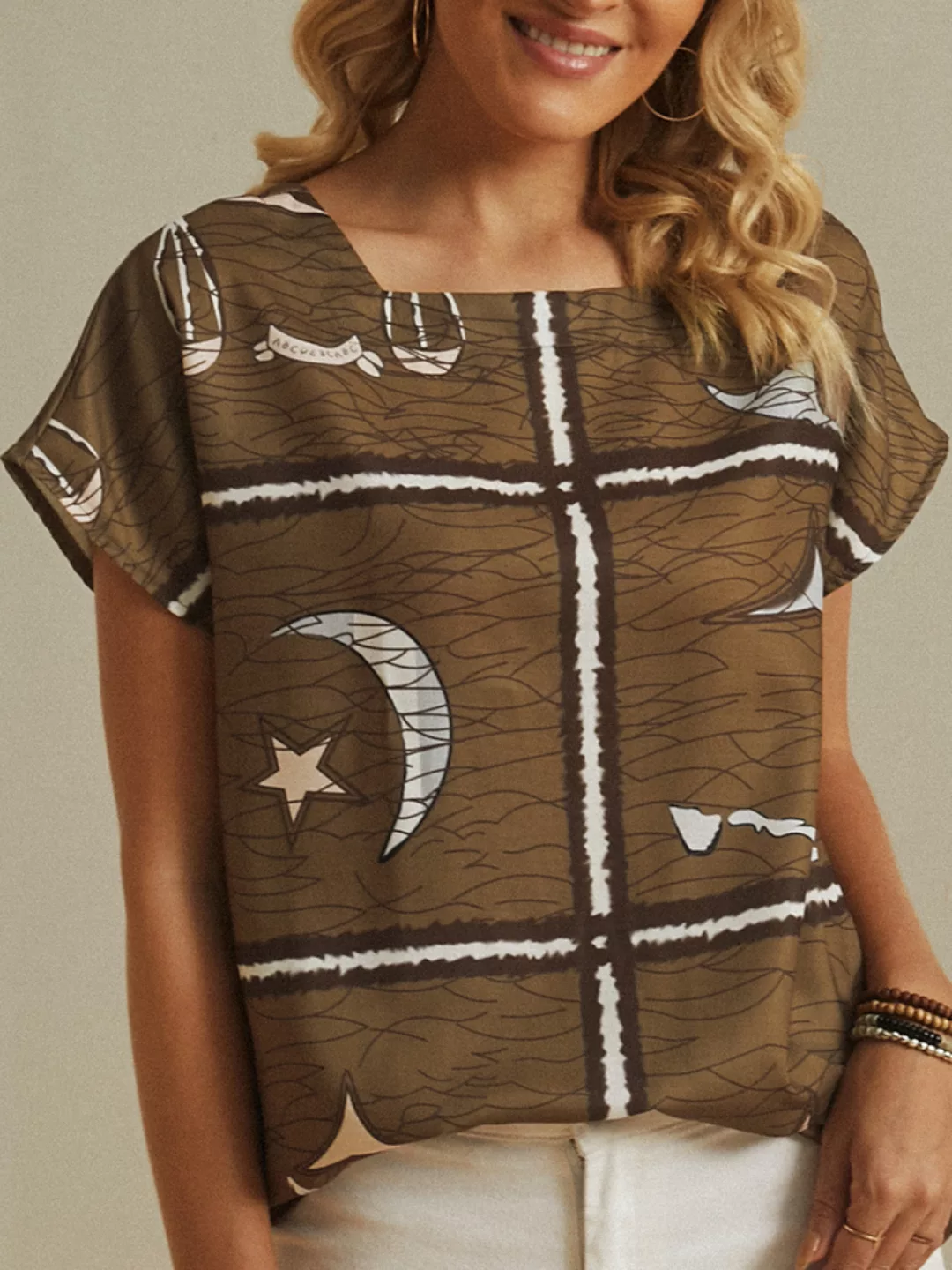 Star Moon Striped Printed Kurzarmbluse mit quadratischem Hals günstig online kaufen