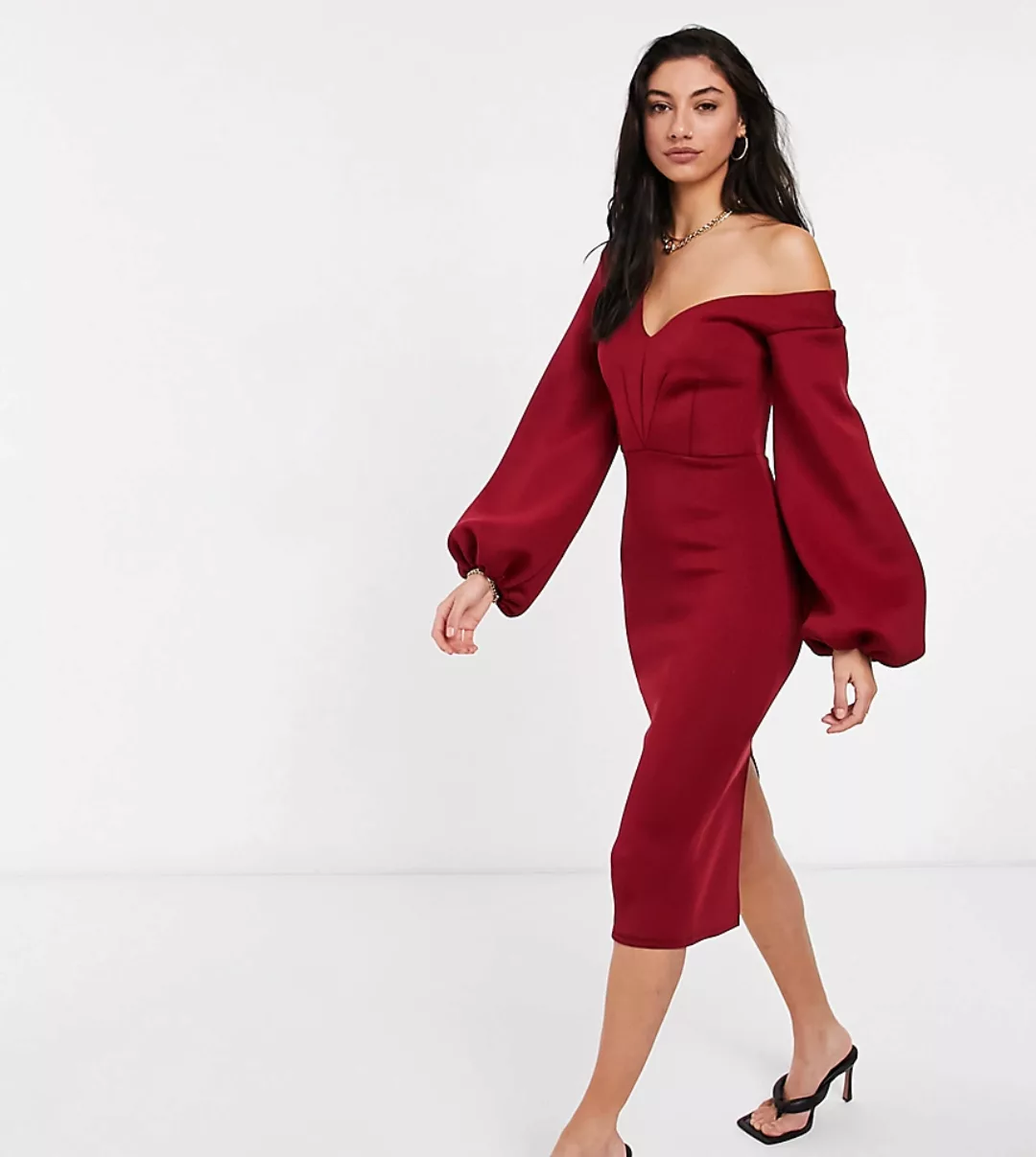 ASOS DESIGN Tall – Midikleid mit abfallender Schulterpartie und Ballonärmel günstig online kaufen