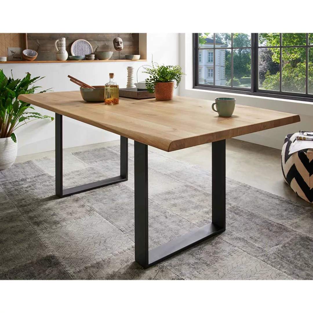 Esszimmertisch aus Wildeiche Massivholz und Stahl Industry und Loft Stil günstig online kaufen