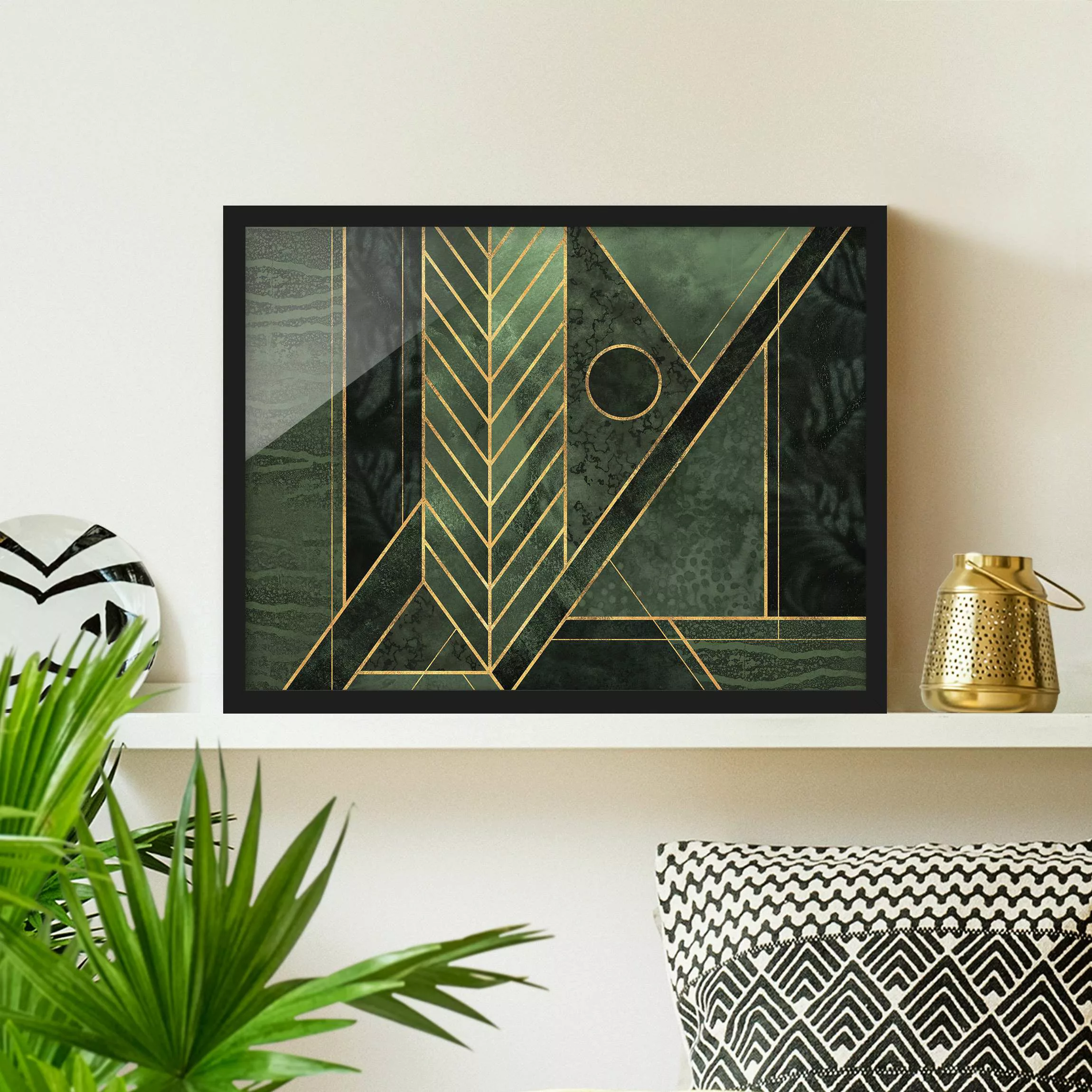Bild mit Rahmen Abstrakt - Querformat Geometrische Formen Smaragd Gold günstig online kaufen
