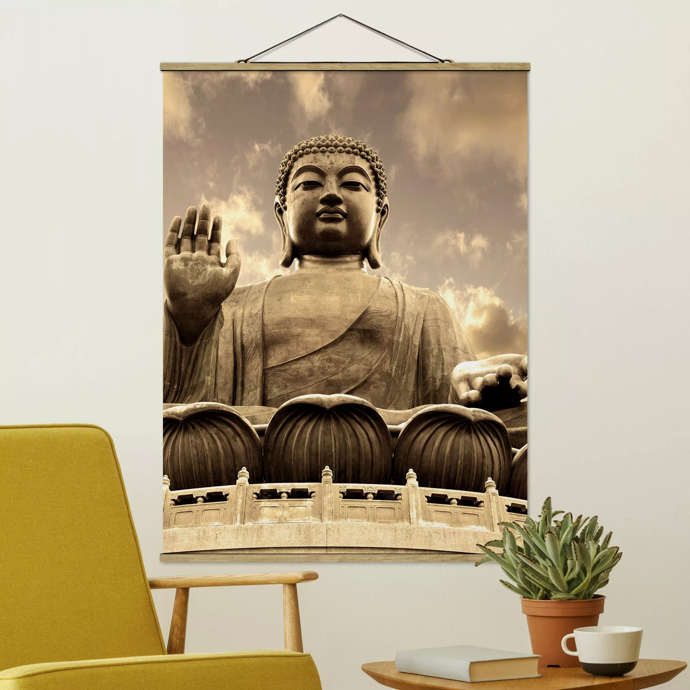 Stoffbild Buddha mit Posterleisten - Hochformat Großer Buddha Sepia günstig online kaufen