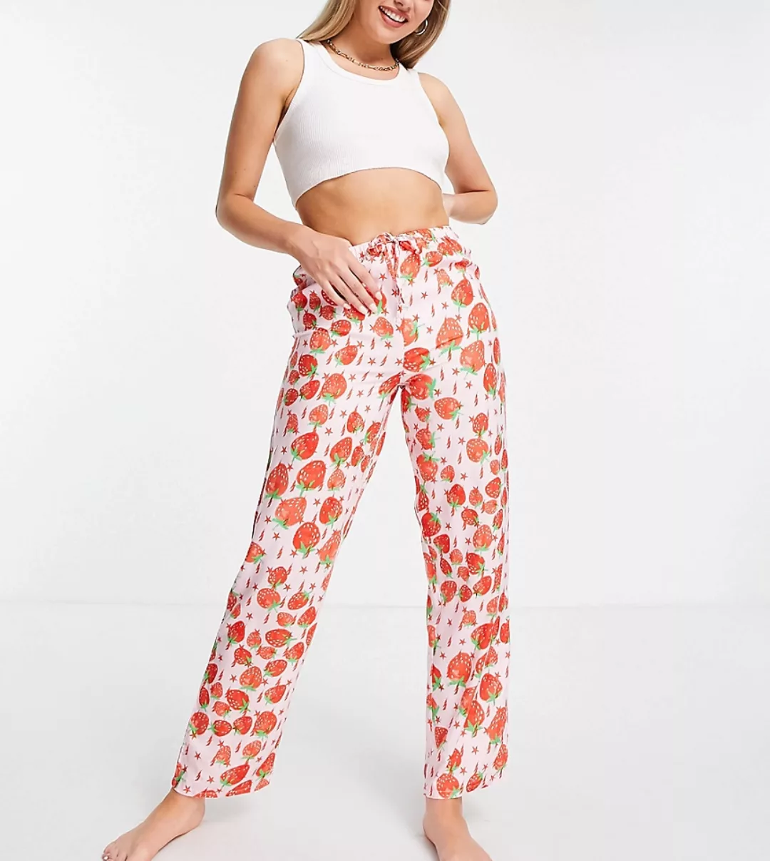ASOS DESIGN Tall – Mix & Match – Rosa Pyjamahose aus Modal mit Erdbeer- und günstig online kaufen