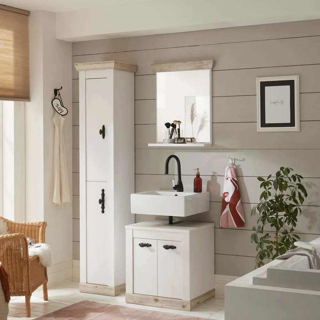 Badezimmermöbel in Weiß und Pinienfarben Landhausstil (dreiteilig) günstig online kaufen