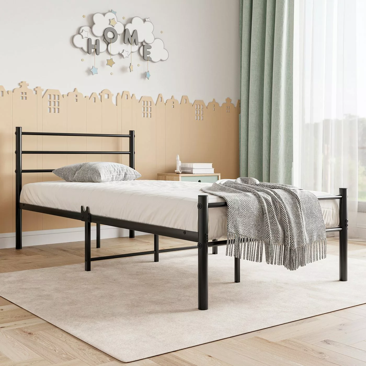 WISHDOR Metallbett Einzelbett Bett (Schwarz 90x200cm ohne Matratze), mit La günstig online kaufen