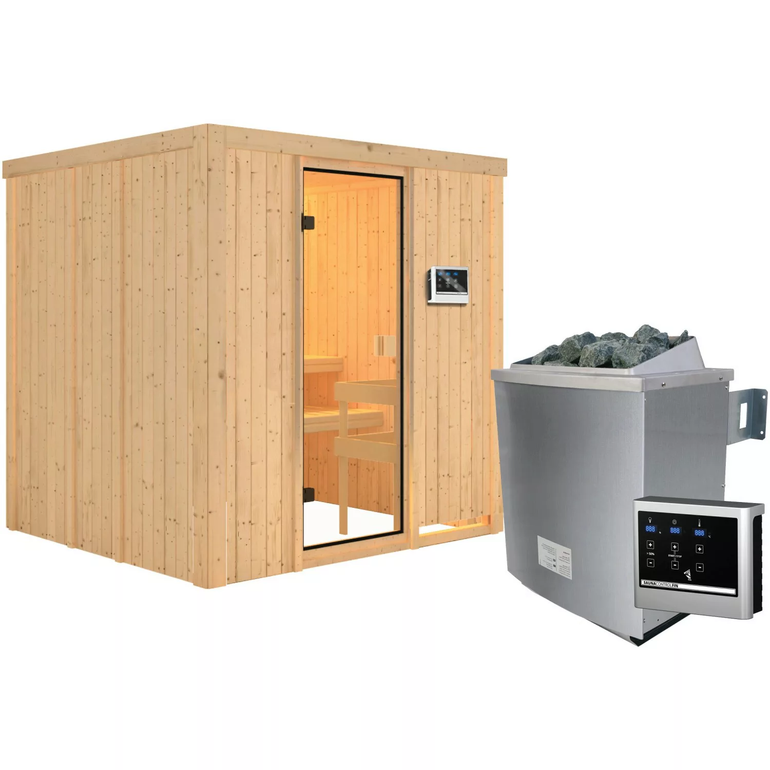 Woodfeeling Sauna Tromsö inkl. 9 kW Ofen mit ext. Strg., Glastür Bronziert günstig online kaufen