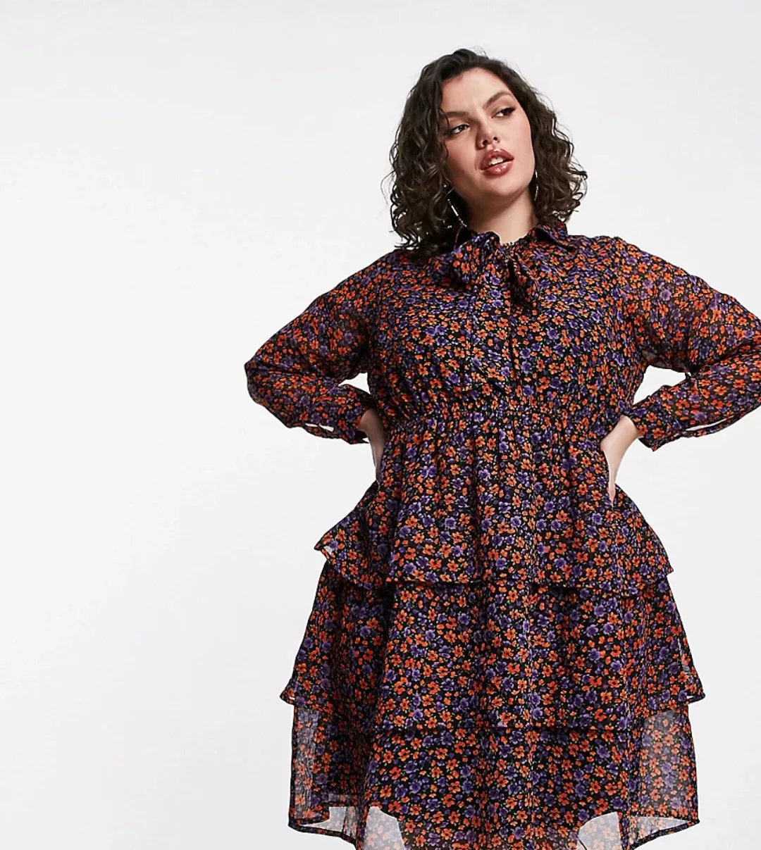 Yours – Gestuftes Tunika-Minikleid mit Schleife und lila Blumenmuster günstig online kaufen