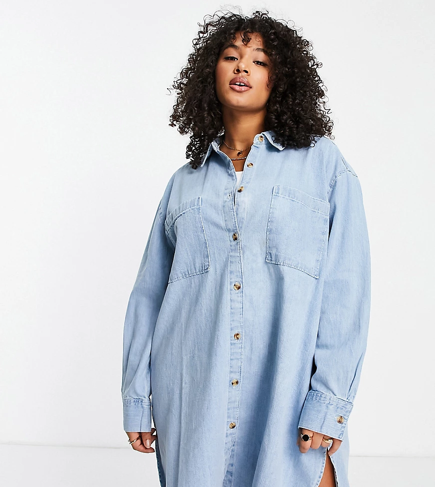 ASOS DESIGN Curve – Oversize-Hemdkleid aus weichem Denim in mittlerer Wasch günstig online kaufen