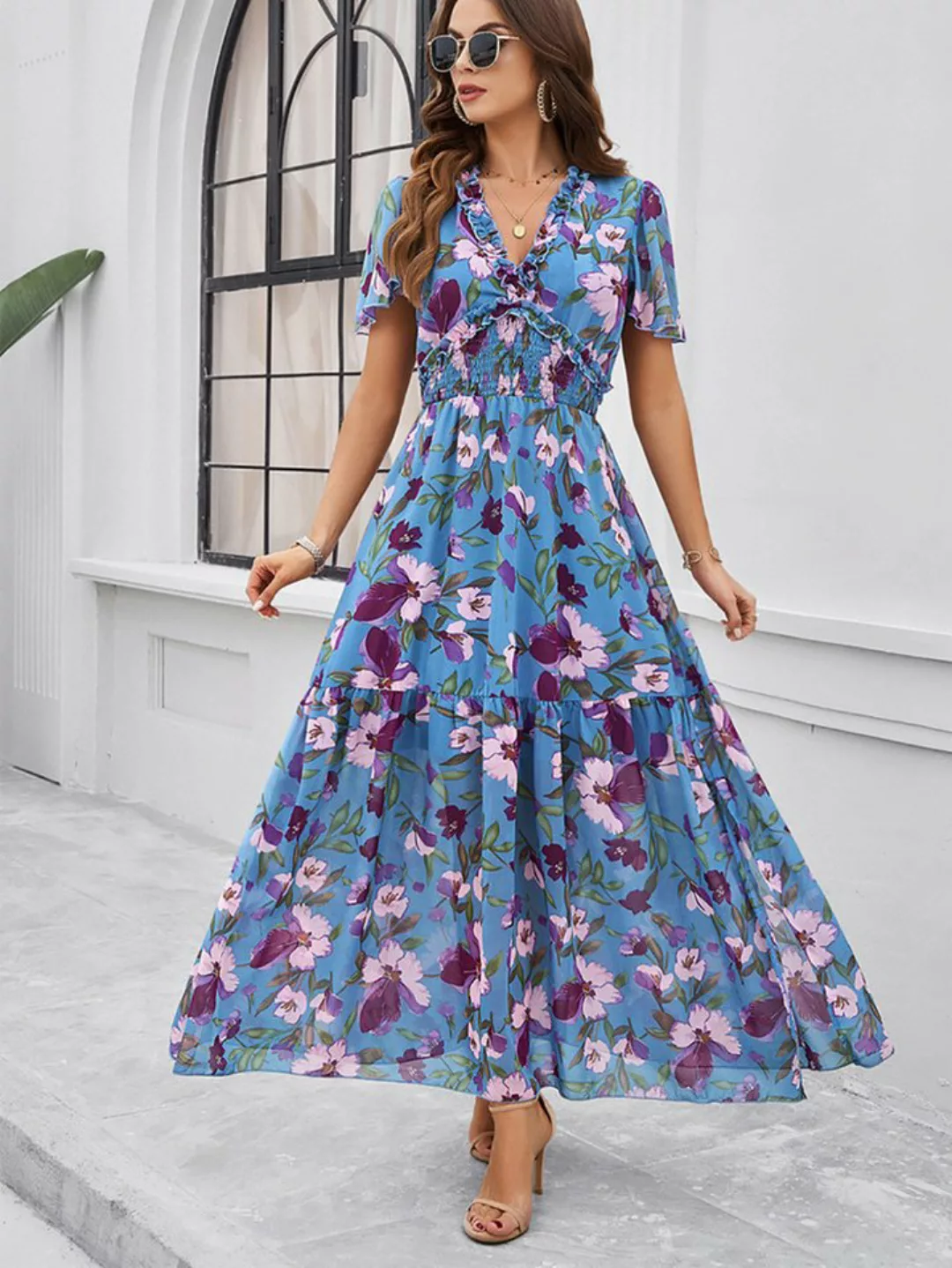 DEBAIJIA Dirndl Sommerkleid Damen Blumenmuster Kleid Lässiger Elegant günstig online kaufen