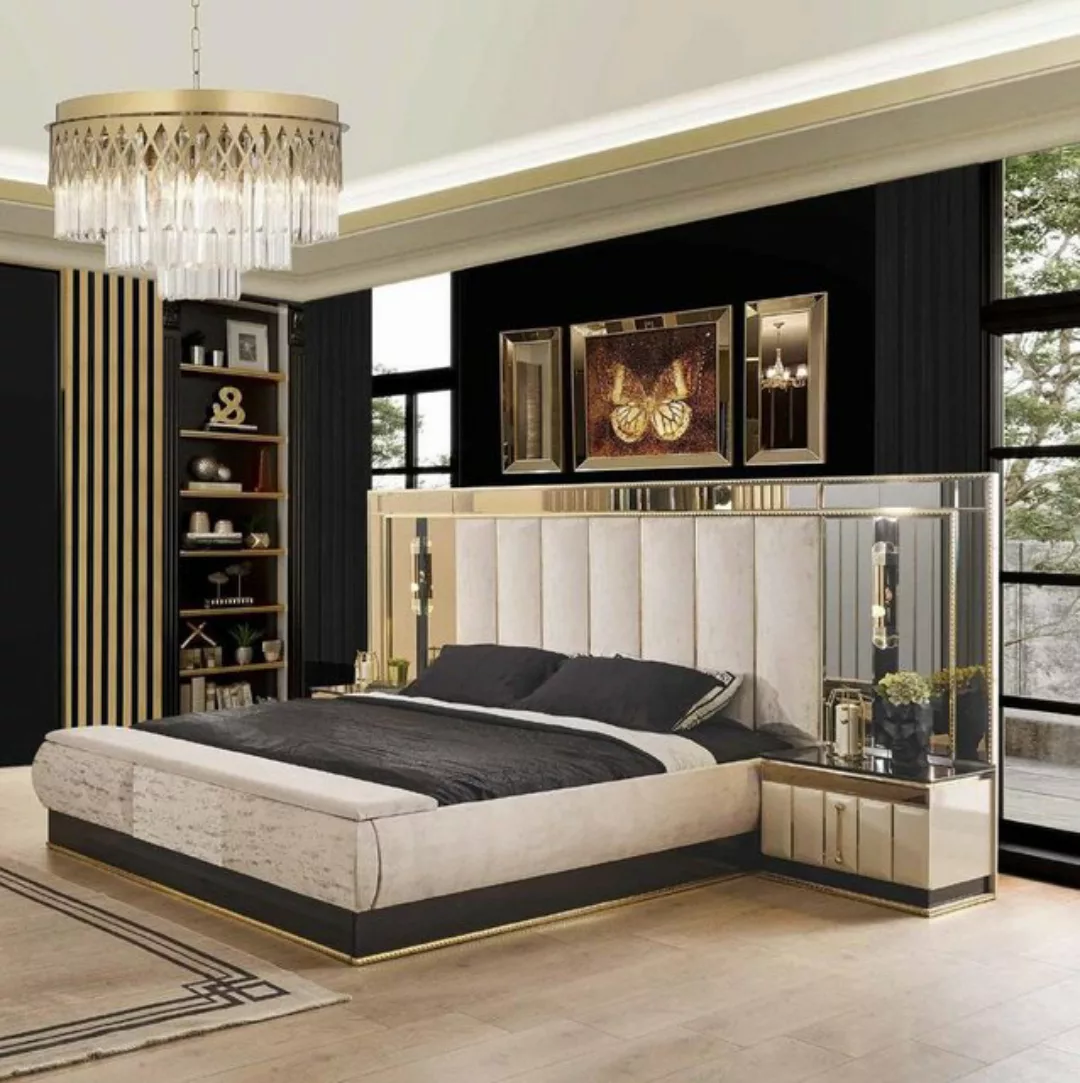 JVmoebel Bett Bett 2 Nachttisch Schlafzimm Luxus Designer Möbel Gold Hochgl günstig online kaufen