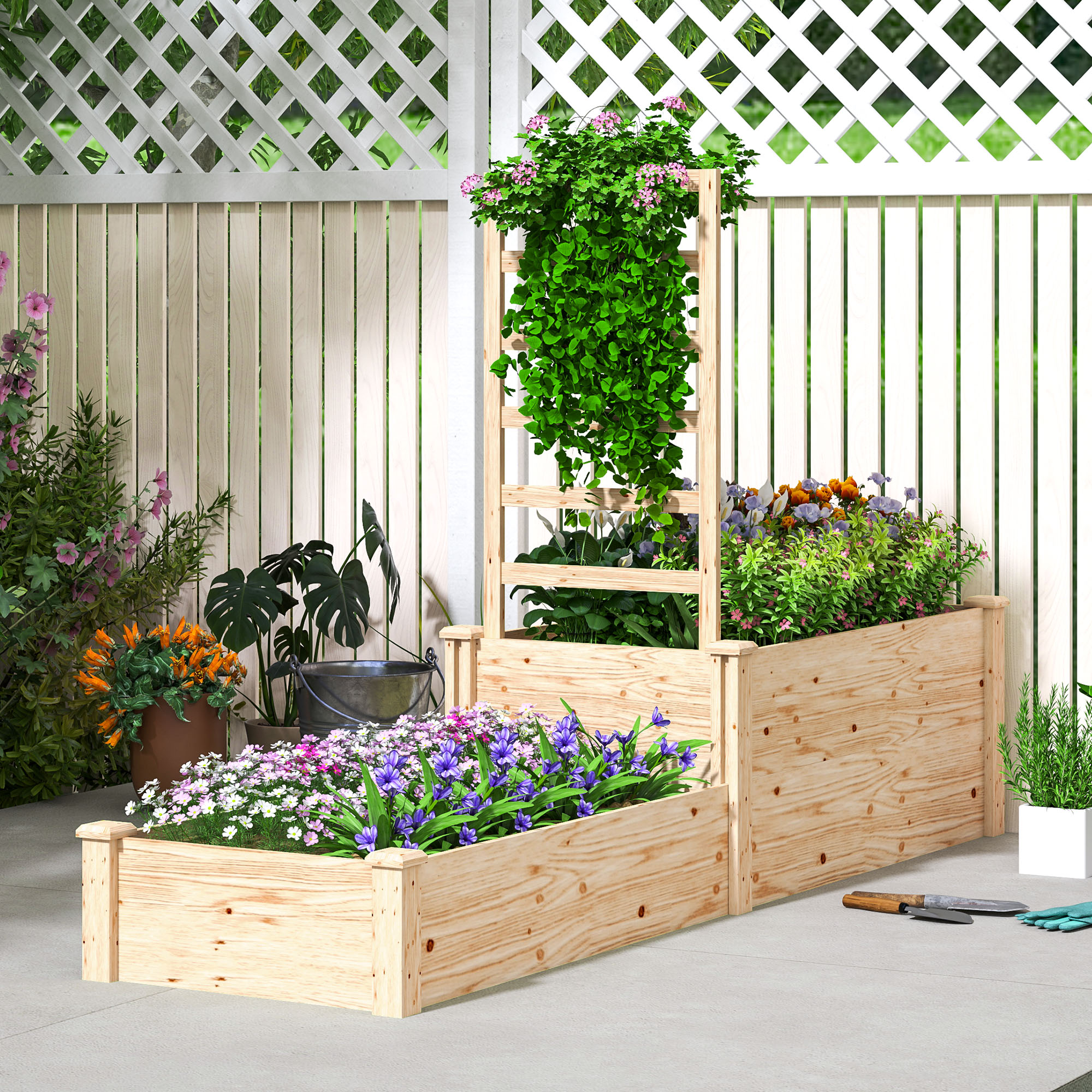 Outsunny Blumenkasten mit Gitter, Hochbeet, Holzblumenkasten mit offenem Bo günstig online kaufen