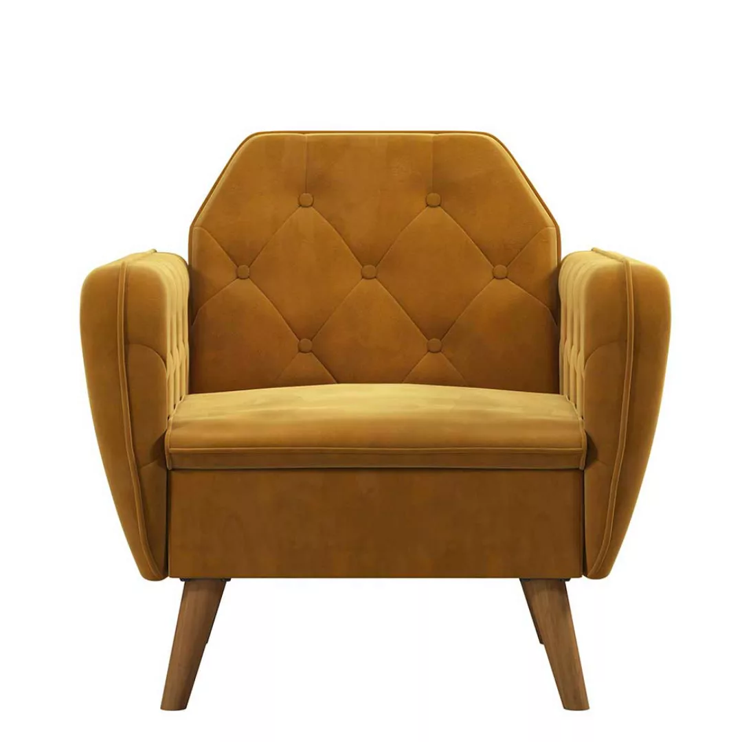 Lounge Einzelsessel gelb aus Samt Vierfußgestell aus Holz günstig online kaufen