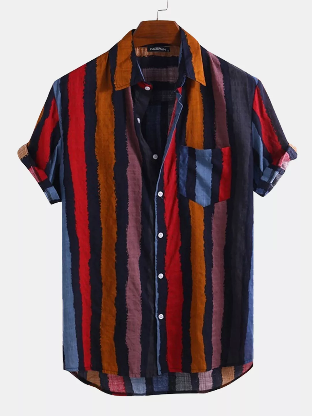 Mens Color Striped Casual Kurzarmhemden mit Tasche günstig online kaufen