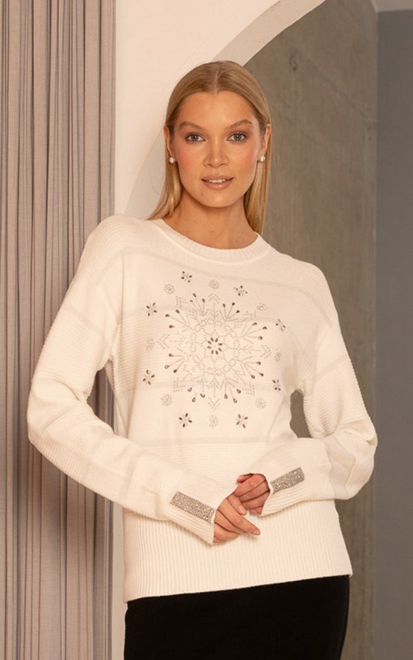 Passioni Strickpullover in Ecru mit Strass-Schneeflocke auf der Vorderseite günstig online kaufen